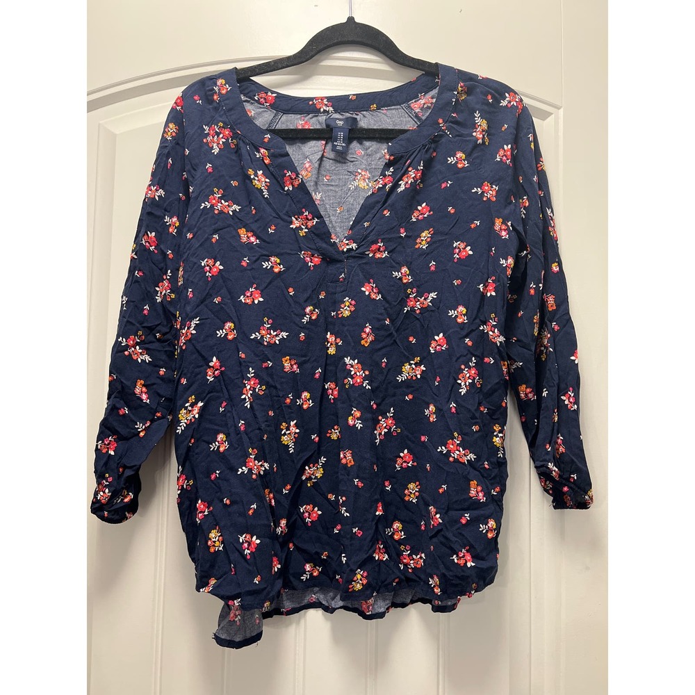 Gap Women’s V-Neck 3/4 Sleeve Floral Print Boho Summer Pullover Top Size M Blue